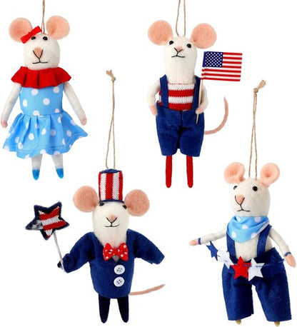 Hahafelt 4 Pcs 4th of July Felt Mice Ornaments - Cute Handmade Patriotic Wool Mice Set | 3.94 Inch