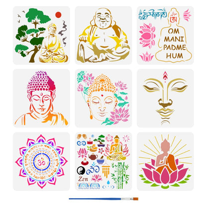 FINGERINSPIRE 9 Pcs Religious Pattern Stencils with a Brush 11.8x11.8Inch Buddha Painting Stencils Yoga Pattern Template PET Mandala Lotus Flower Template for Wood Wall Floor Tiles Furniture
