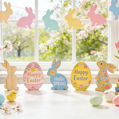 Meching 12 Pcs Unfinished Easter Wooden Cutouts Bunny Egg Shapes Blank Wood Signs for Painting DIY Crafts Spring Home Party Tabletop Tiered Tray Classroom Decoration