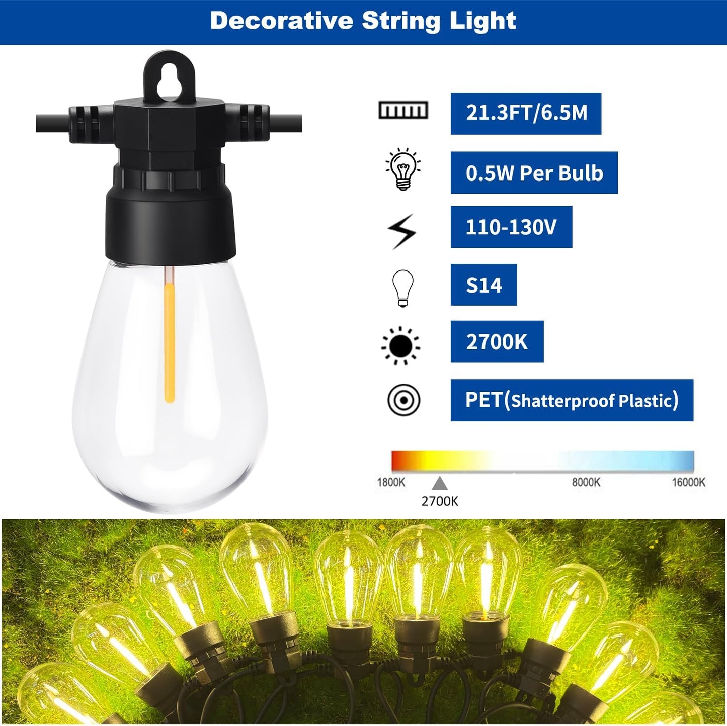 S14 Bulbs 2700K 21.3FT LED Edison String Lights Outdoor, Warm White - Vintage Shatterproof Patio Festoon Lights