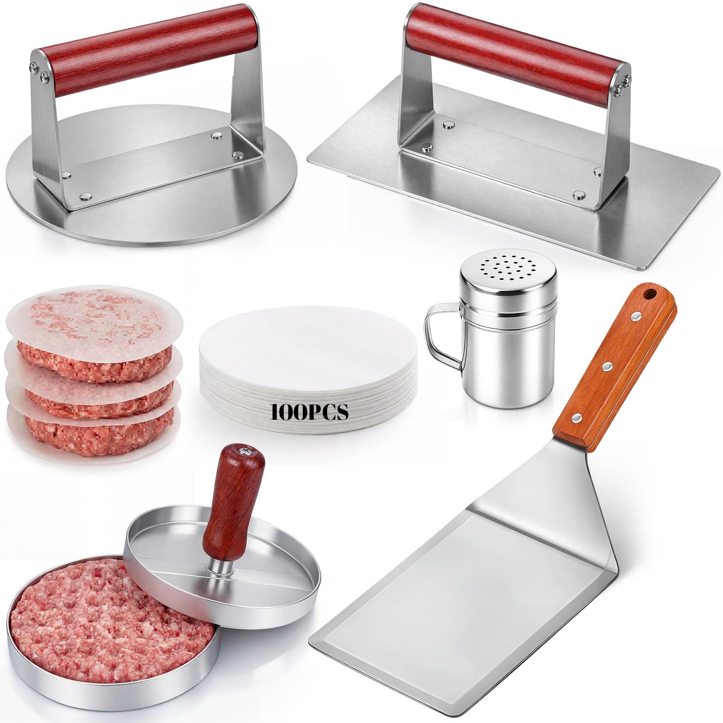 Acellegic 6 Pcs Smashed Burger Press Kit, 6.3" Round & 8" x 4.3" Rectangle Stainless Steel Burger Press for Meat, Patty Maker Spatula Seasoning Shaker Patty Paper for Cookout, BBQ, Griddle, Grill