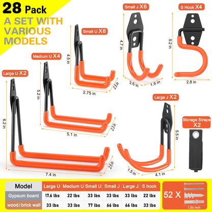 LUPYJI 28 Pack Heavy Duty Garage Hooks, Utility Wall Mounted Storage System, with Anti-Slip Coating Hanger, for Hanging Power and Garden Tools, Ladders, Bikes, Ropes and Bulk Items