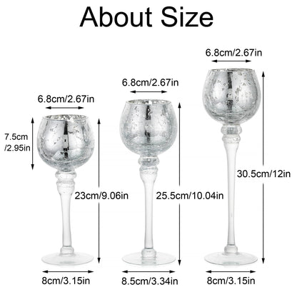 Inweder Glass Tealight Candle Holder: Silver Mercury Votive Holders 9/10/12 Inch Tall Long Setm Floating Candle Holders for Christmas Dining Table Centerpiece Wedding Party Set of 3