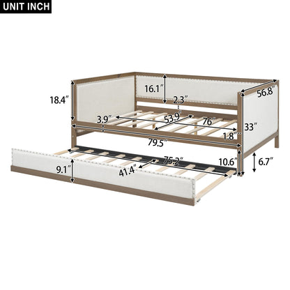 GDFStudio Full Size Upholstered Daybed with Trundle, Linen Sofa Bed with Nailhead Trim, Wood Frame Slat Support, No Box Spring Needed, Space Saving Guest Bed for Bedroom Living Room