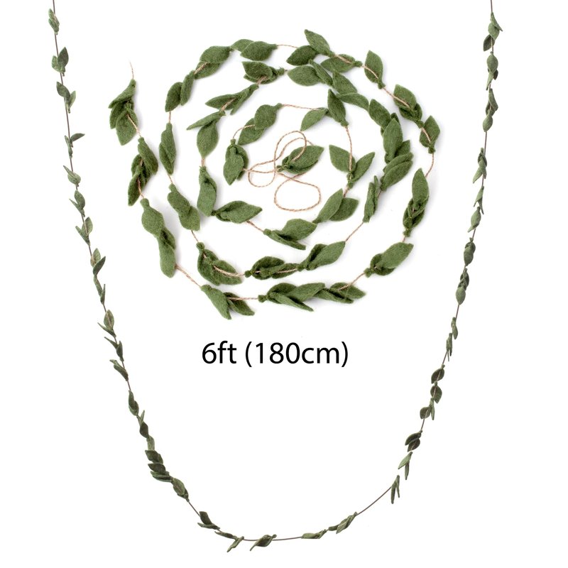 Glaciart One Felt Leaves Garland (2Pcs) - Faux Greenery for Living Room, Bedroom - Natural New Zealand Wool, Hand Felted in Nepal - Suitable for Christmas, Thanksgiving, Wedding Decorations - 6ft.