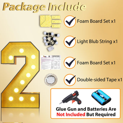 4FT Marquee 2 Numbers, Light Up Numbers 2 Mosaic Numbers Glitter Gold Black Light Up Letter Pre-cut Foam Board Sign Marquee for Birthday Party Decorations, Wedding, DIY Anniversaries