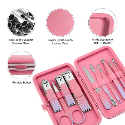 Manicure Set, Travel Mini Nail Clippers Kit Pedicure Care Tools, 10pcs Stainless Steel Grooming kit (Pink)
