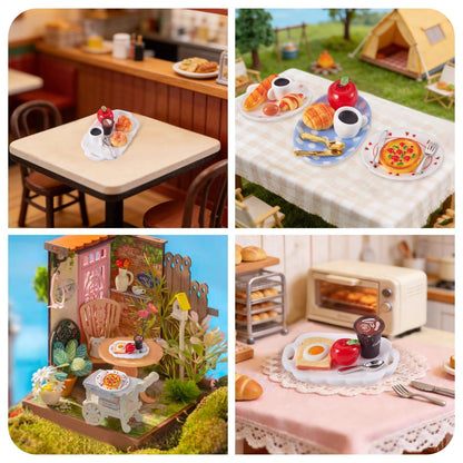 Magibeads 7 Sets Miniature Breakfast Decorations Kits Plates Food Drink Coffee Cup Bread Resin Mini Ornaments Micro Landscape Dollhouse Accessories Pretending Prop Decorations House Kitchen Home Decor