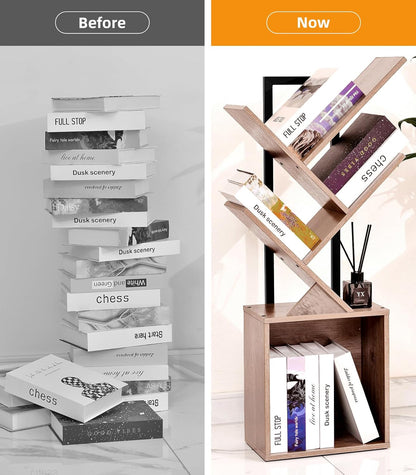 4-Tier Tree Bookshelf Bookcase with Storage Cabinet, Modern Corner Bookshelves, Narrow Wood Book Rack, Mini Floor