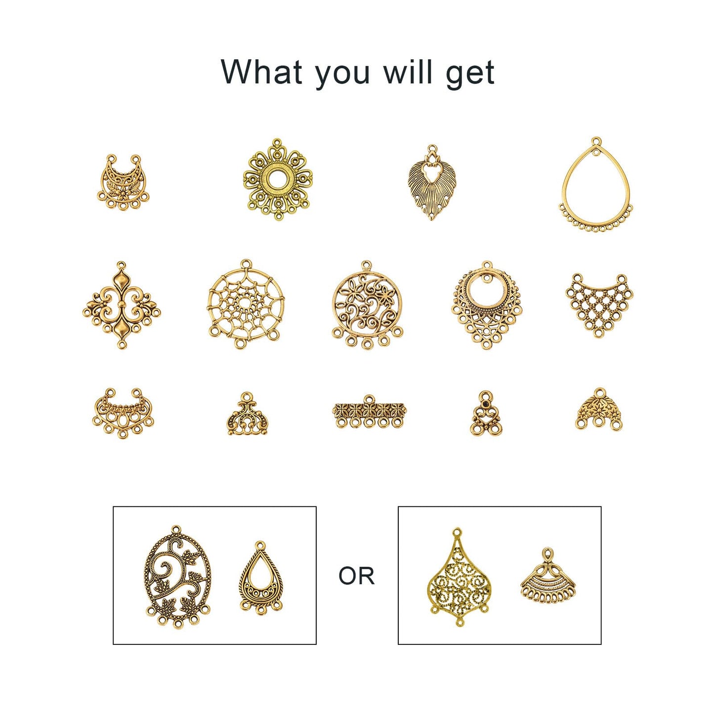 Bestewelry 64Pcs Tibetan Antique Gold Chandelier Charms 16 Styles Vintage Filigree Hollow Links Charms with Loops Findings for Dangle Earrings Connector Components Jewelry Making