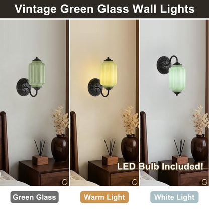 Pandaluna Vintage Wall Sconce, Green Milk Glass Light Fixture, 5.5In Art Deco Antique Wall Sconce for Bedroom Bathroom Living Room Hallway Entryway, E12 LED Bulb Included, Black & Green 2 Pack