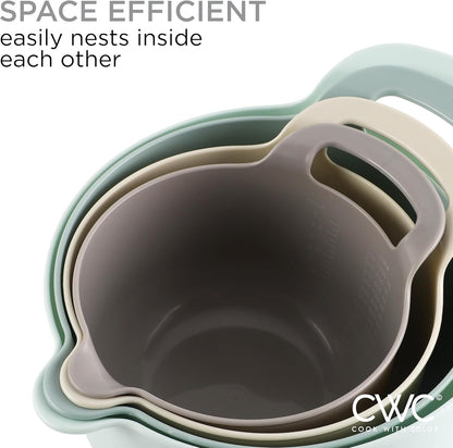 COOK WITH COLOR Non-Slip Mixing Bowls - 4 Piece Nesting Plastic Set with Pour Spouts, Handles, and Measurement Markings
