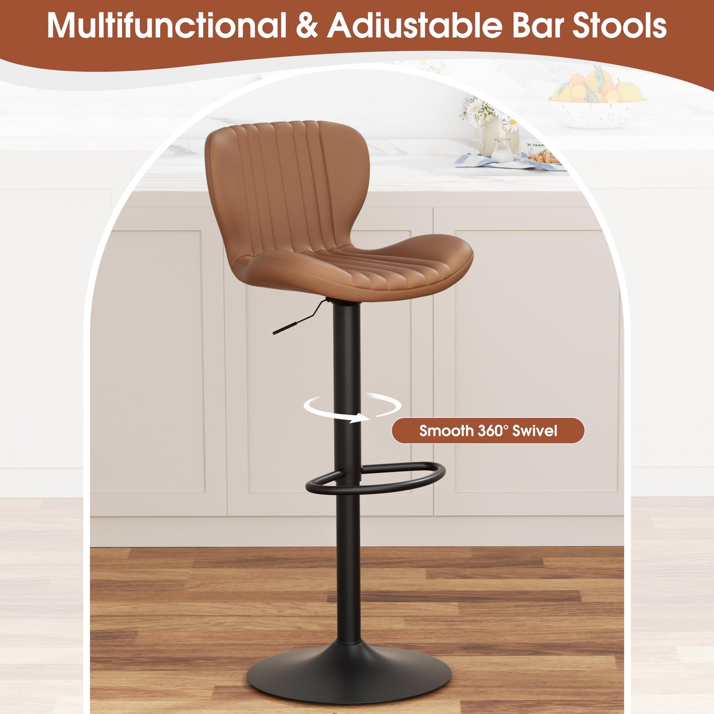 JAMFLY Bar Stools Set of 6, Leather Adjustable Barstools Counter Height Modern Bar Stools, Island Chairs Set of 4 for Kitchen, Brown