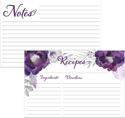 Floral Recipe Cards from Dashleigh, 48 Double-Sided Water-Resistant Cards, 4x6 inches (Violet Purple)