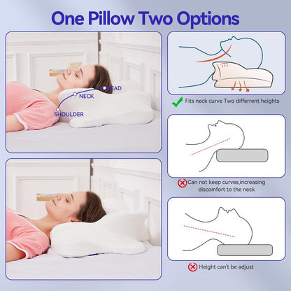Deason Cervical Neck Pillow for Sleeping, Ergonomic Memory Foam Pillow for Neck Pain Relief, Adjustable Height Bed Pillow for Side & Back Sleepers, Ice Silk Breathable Cover, White