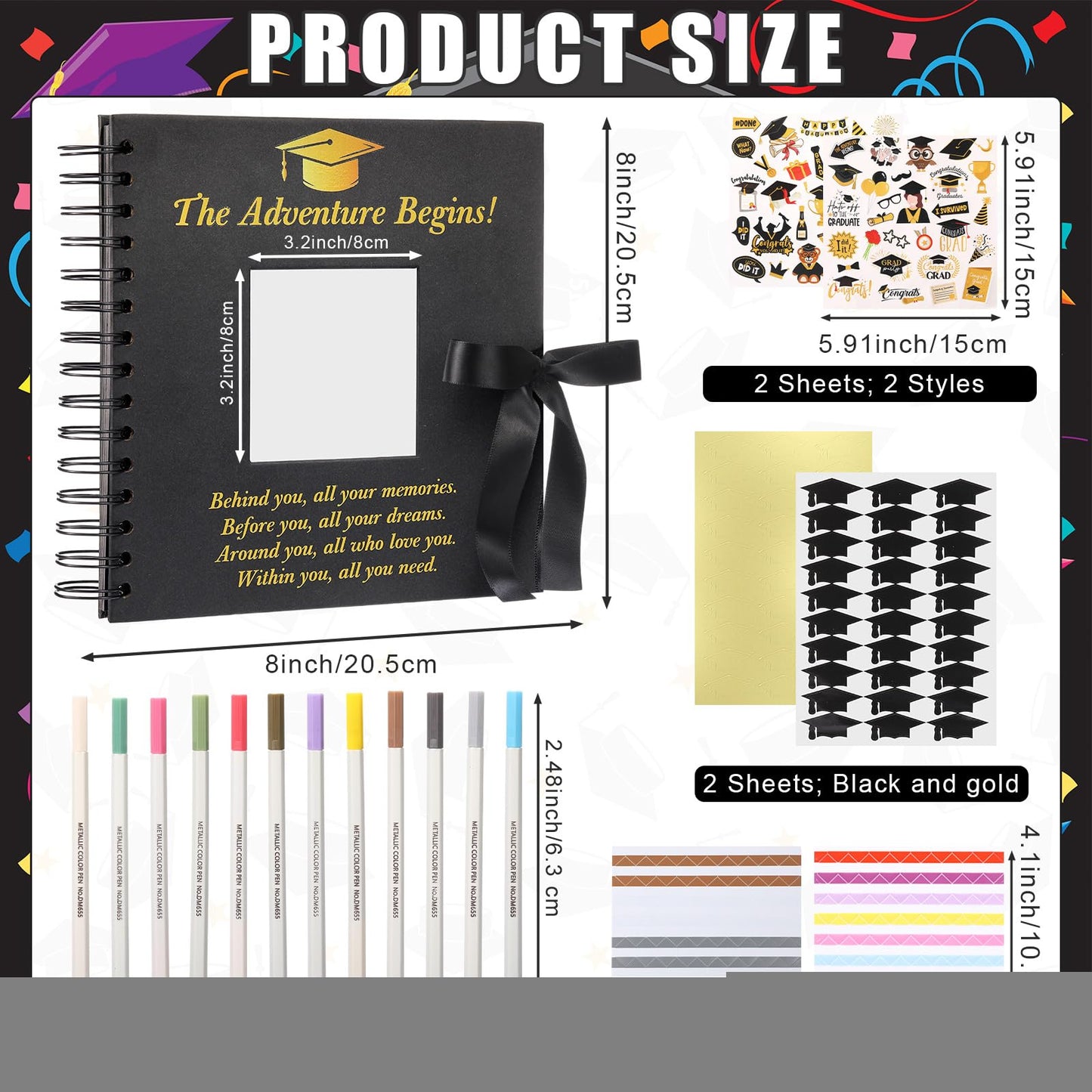 Fullhawl Graduation Scrapbook Kit 8 x 8 Inch Gold Black Grad Memory Book DIY Graduation Picture Album with Stickers and Markers for College High School Graduation Gifts Party Supplies, 40 Sheets