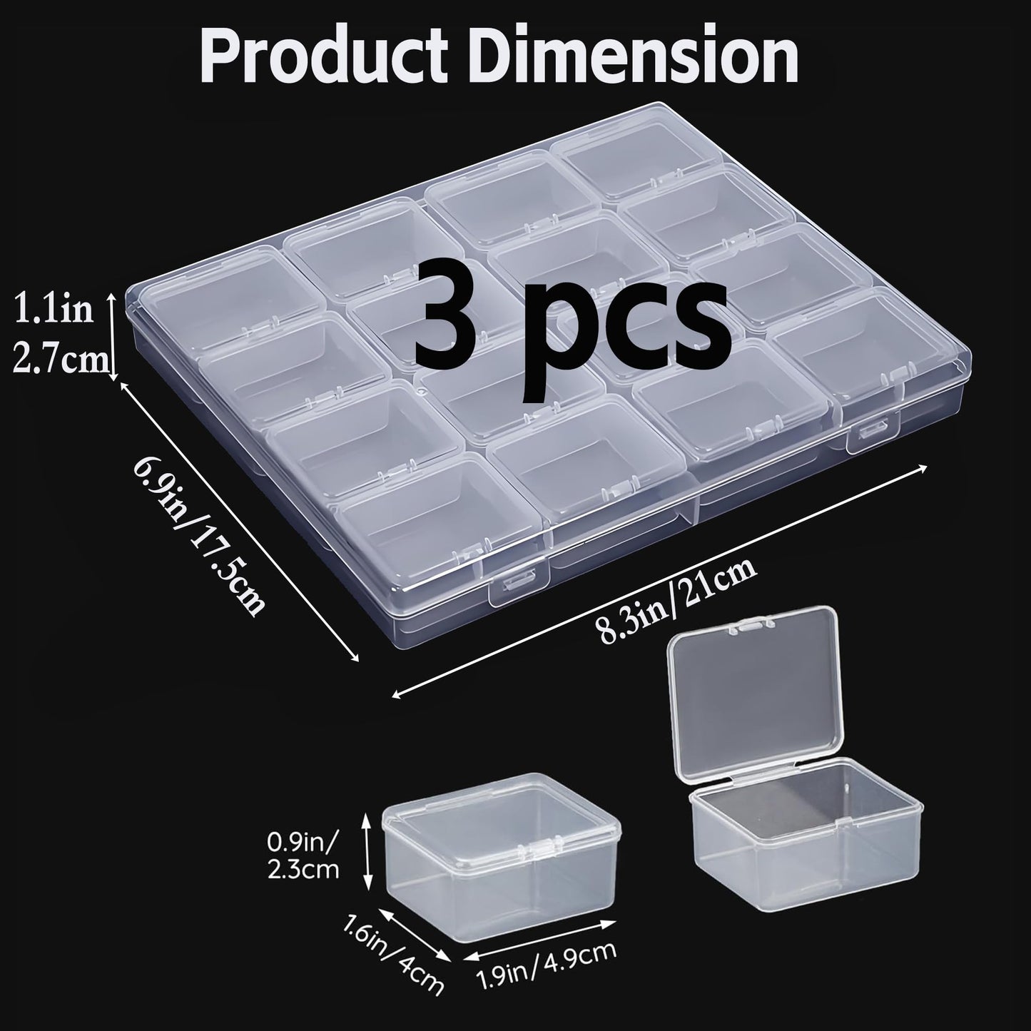 LJY Large 48 Grid Bead Storage Box -3-Pack Transparent Storage Box,Suitable for Jewelry, Earrings,Rings,Diamonds,Hardware,Fishing Gear Portable Mesh Plastic Box with Safety Buckle