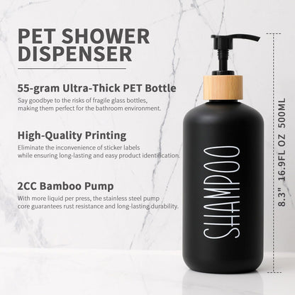MOMEEMO Black Shower Soap Dispenser Set, Contains 3 Extra-Thick PET Plastic Bottles with Bamboo Pumps, Shampoo Bottles Refillable with Pump Perfect for Guest Room Must Haves. (Black)
