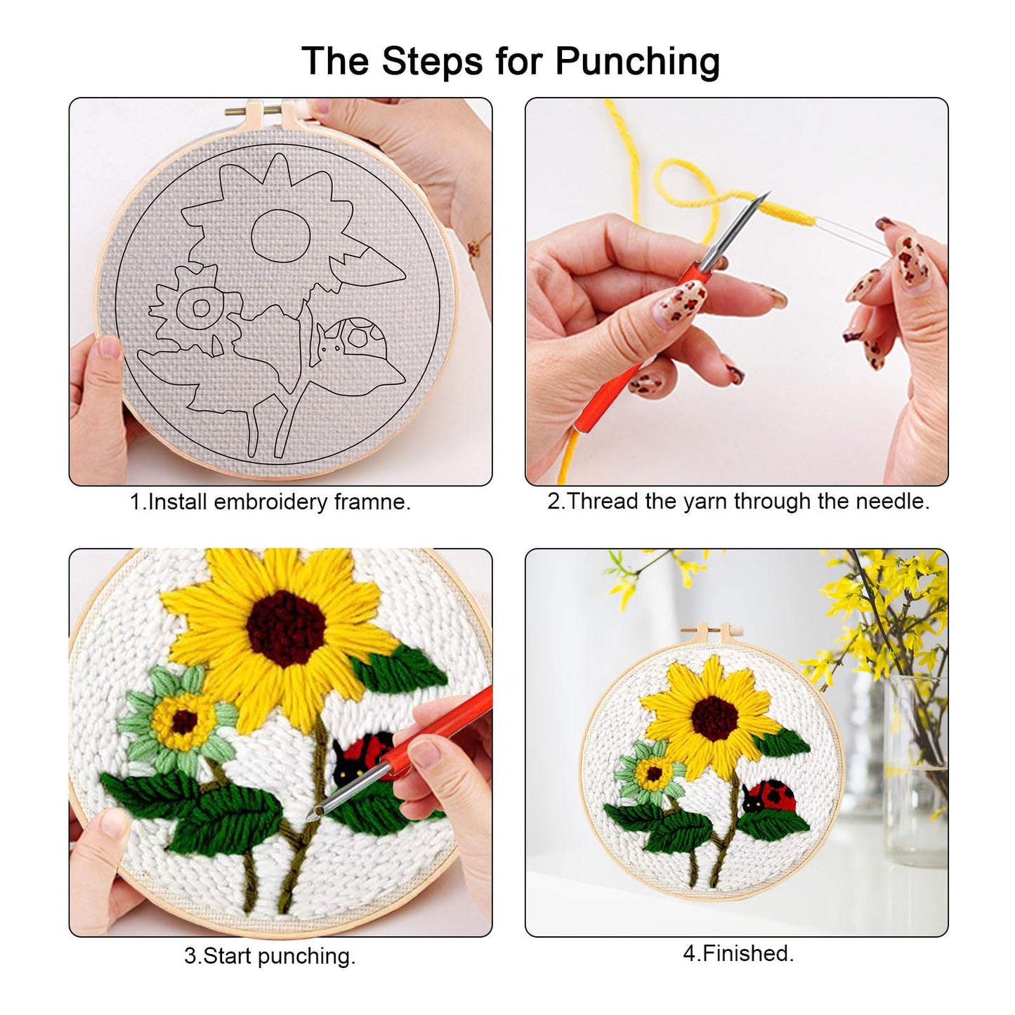 PYHIRRY Punch Needle Kits Adults Beginner Sunflower-with Tool, Hoop, Yarn, Fabric & Video Tutorials -Complete Punch Needle kit for Home Decor Craft for Wall Art & Gifts