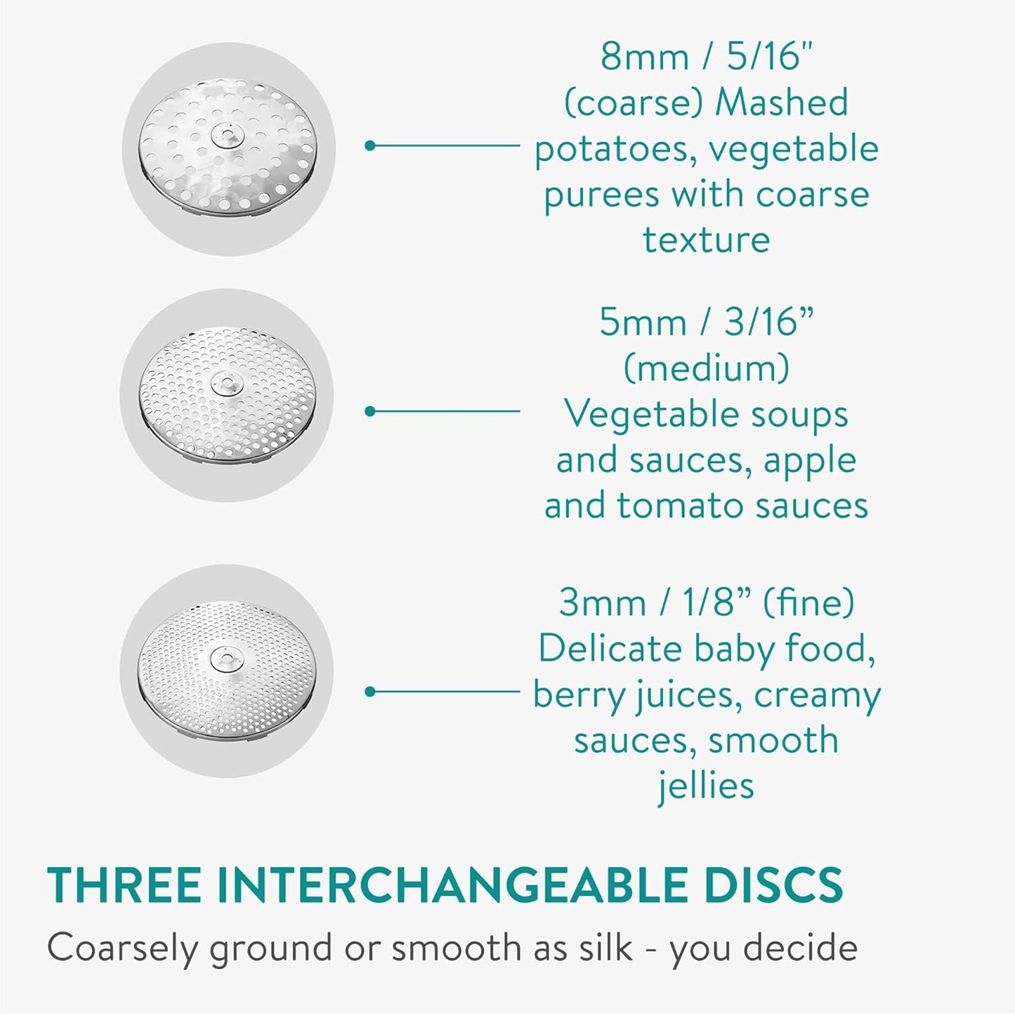 2-Quart 3 Navaris Stainless Steel Food Mill with Grinding Discs - Rotary Food Mill to Grind & Puree Fruits, Vegetables