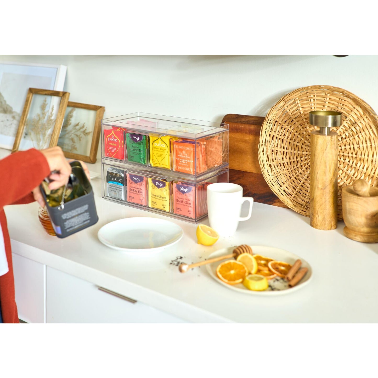 iDesign XL Tea Bag Organizer for Counter, 4-Section Clear Stackable Tea Storage Drawer for Cabinet