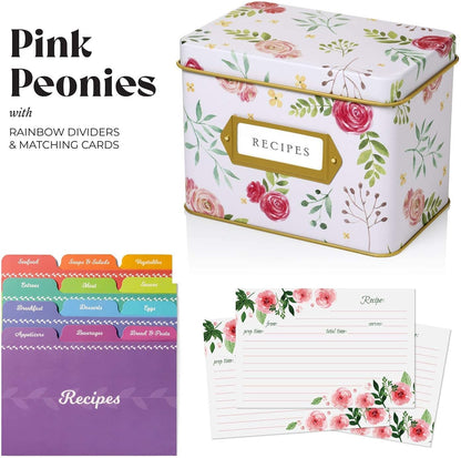 Jot & Mark Recipe Card Complete Gift Box | Decorative Pink Peonies Recipe Tin Box