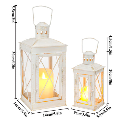 TRIROCKS Set of 2 Decorative Candle Lantern 12'' & 8'' High Metal Candle Holder Hanging Lantern Perfect for Home Decor Patio Living Room Parties Events Tabletop Indoors Outdoors (White)