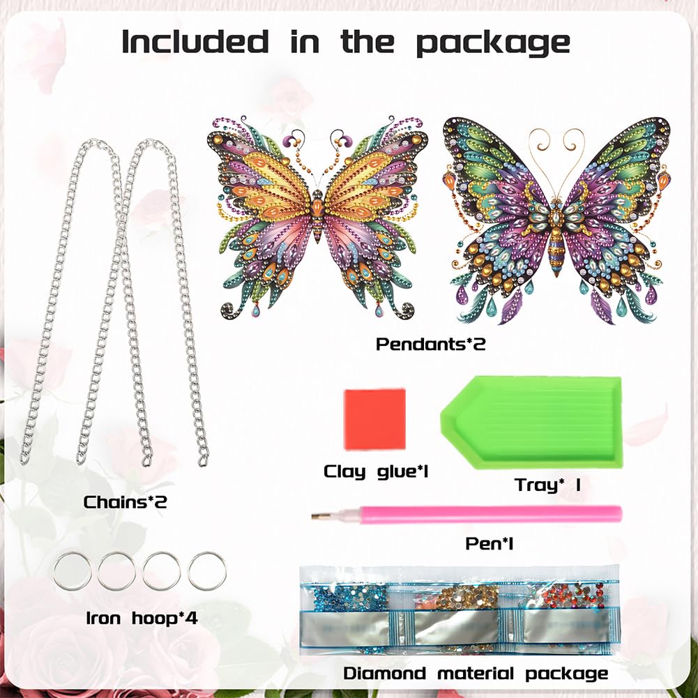 POETRYDRAW 2 Pcs DIY Hanging Diamond Art Pendant Kit Butterfly, Special Crystal Acrylic Diamonds Painting Ornament for Adults, 5D Diamond Art Suncatchers Gem Painting Box Kit