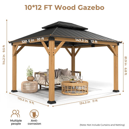 Jocoevol 10' X 12' Wood Gazebo Hardtop Outdoor Permanent Pavilion with Double Galvanized Steel Roof Snow Support, Wind Resistance for Backyard Garden, Lawns, Patio