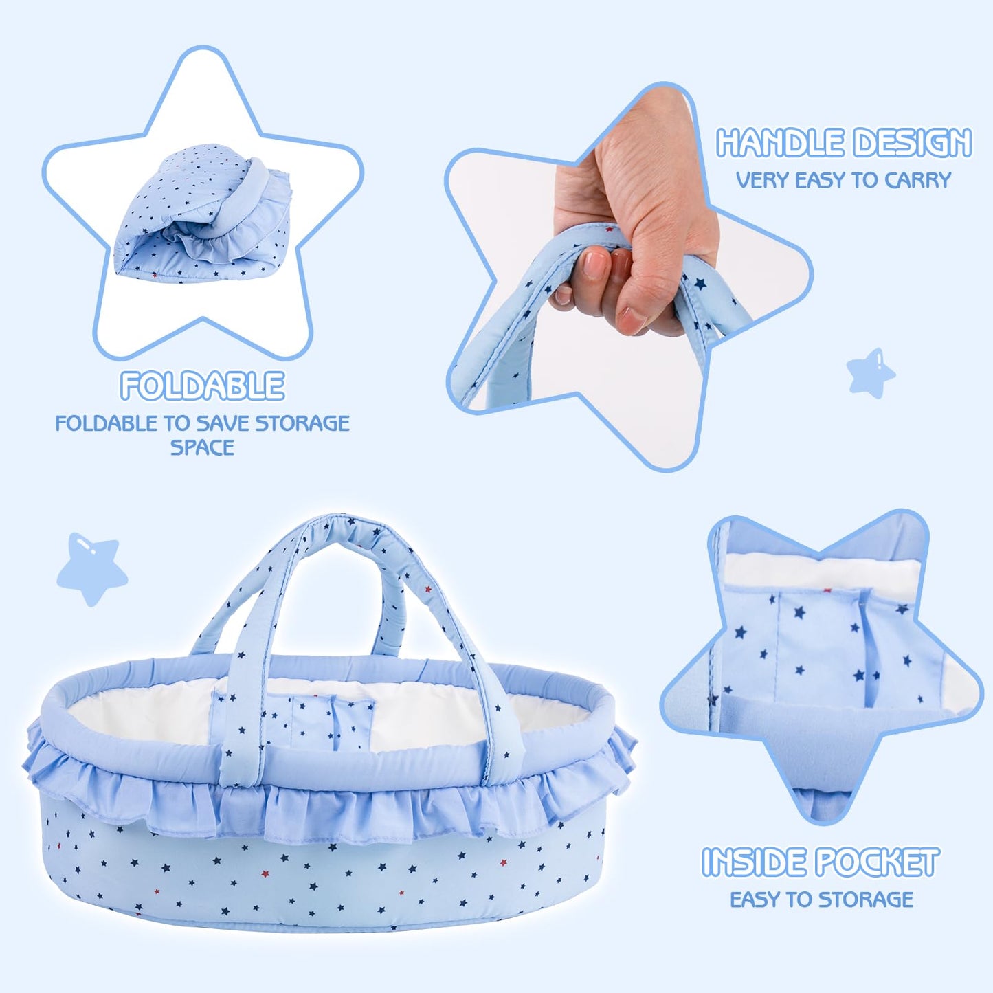 Aori 7 Pcs Reborn Baby Dolls Outfit Set with Bassinet Accessories for 16-18 Inch Newborn Doll, Blue Carrier Bed and Baby Clothes fit Newborn Doll