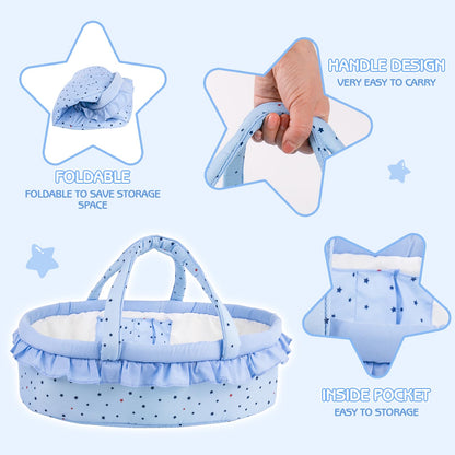 Aori 7 Pcs Reborn Baby Dolls Outfit Set with Bassinet Accessories for 16-18 Inch Newborn Doll, Blue Carrier Bed and Baby Clothes fit Newborn Doll
