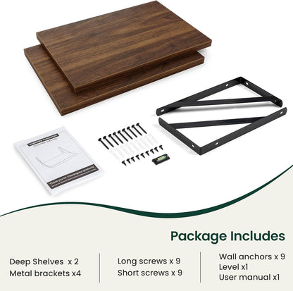 12 Inch 16W 12D Set 2, Floating Shelves, Deep Rustic Wood Wall Storage, x Wall Shelves of Heavy Duty Metal Brackets