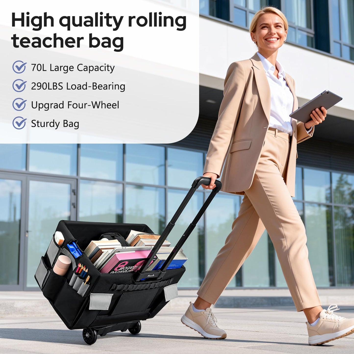 KEDSUM 2 in 1 Rolling Cart with Canvas Organizer Bag, 290LBS/70L Capacity Collapsible Teacher Rolling Cart with Lid for School, Craft, Office & Garden, Ideal for Teacher, Therapist & Crafter