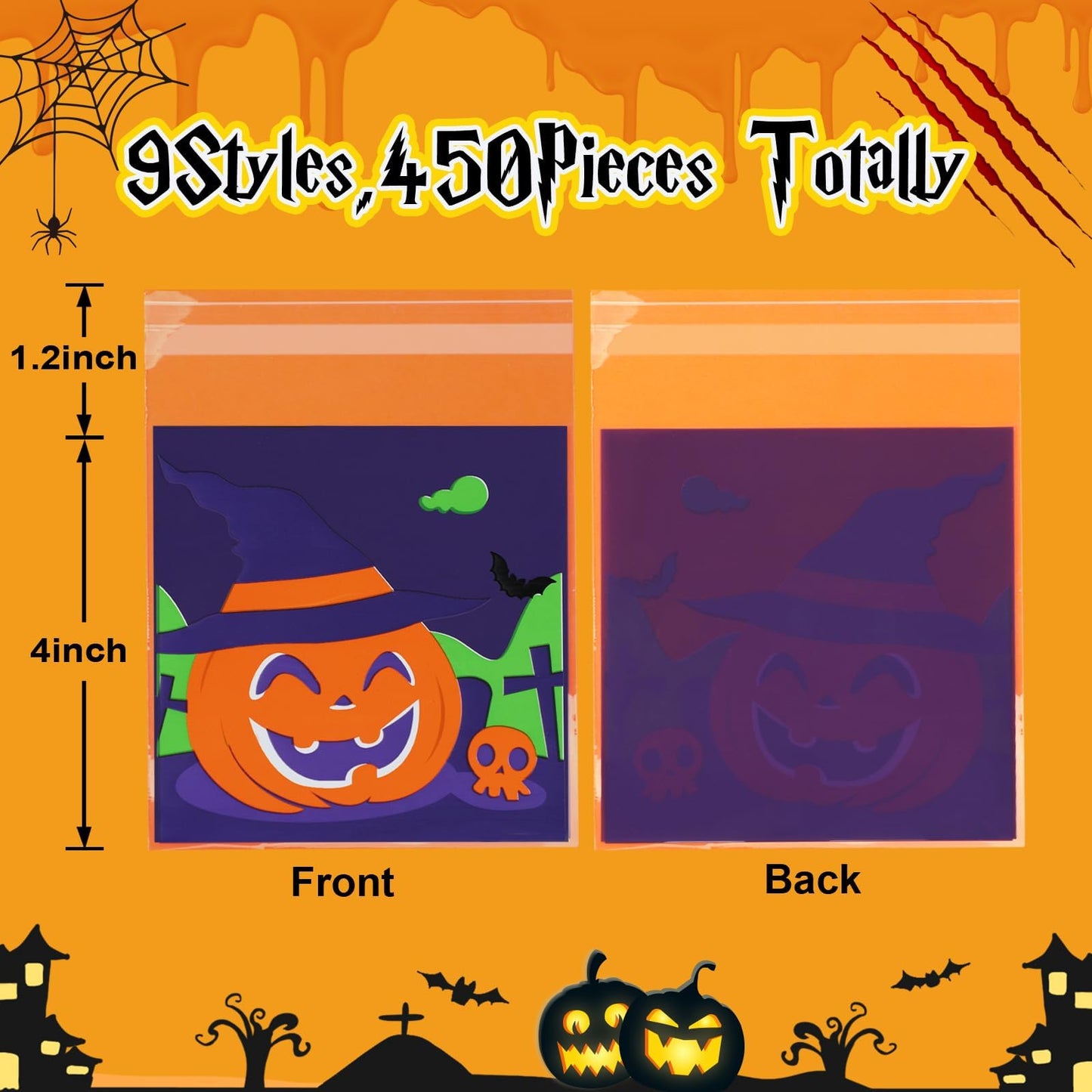FEBSNOW 450pcs Halloween Self Adhesive Candy Dessert Treat Bags 9 Patterns