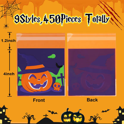 FEBSNOW 450pcs Halloween Self Adhesive Candy Dessert Treat Bags 9 Patterns
