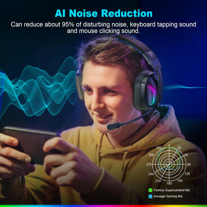 Fachixy Wireless Gaming Headset with Microphone for PC, PS5, PS4, Bluetooth Gaming Headphones - Fast Charge 50Hr Battery, Cool LED Lights for Switch, Laptop, Mobile, Mac 2.4GHz Gamer Headset
