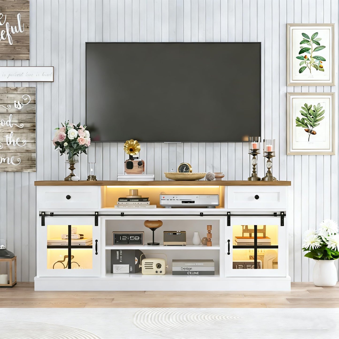 Garvee Farmhouse TV Stand for 80" TVs, Media Console Table with 2 Drawers, Power Outlets, Led Light, Barn Doors, Entertainment Center with Adjustable Shelves for Home Office, 66" w, White+Brown Top