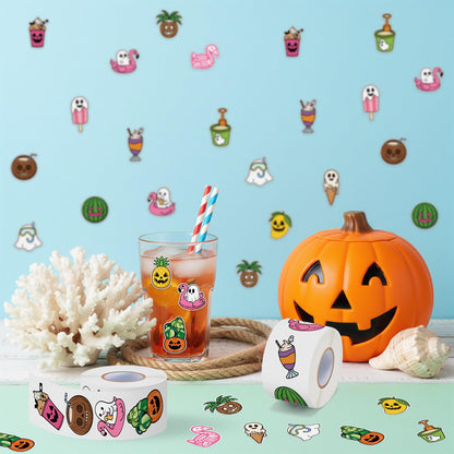 Eartim Summer Spooky Roll Sticker - 1000 Pcs Cartoon Fruit Pumpkin Ghost Sticker Rolls Waterproof Self-Adhesive Decorative Decal Halloween in Summer Party Decoration Kid Birthday Favor Student Reward