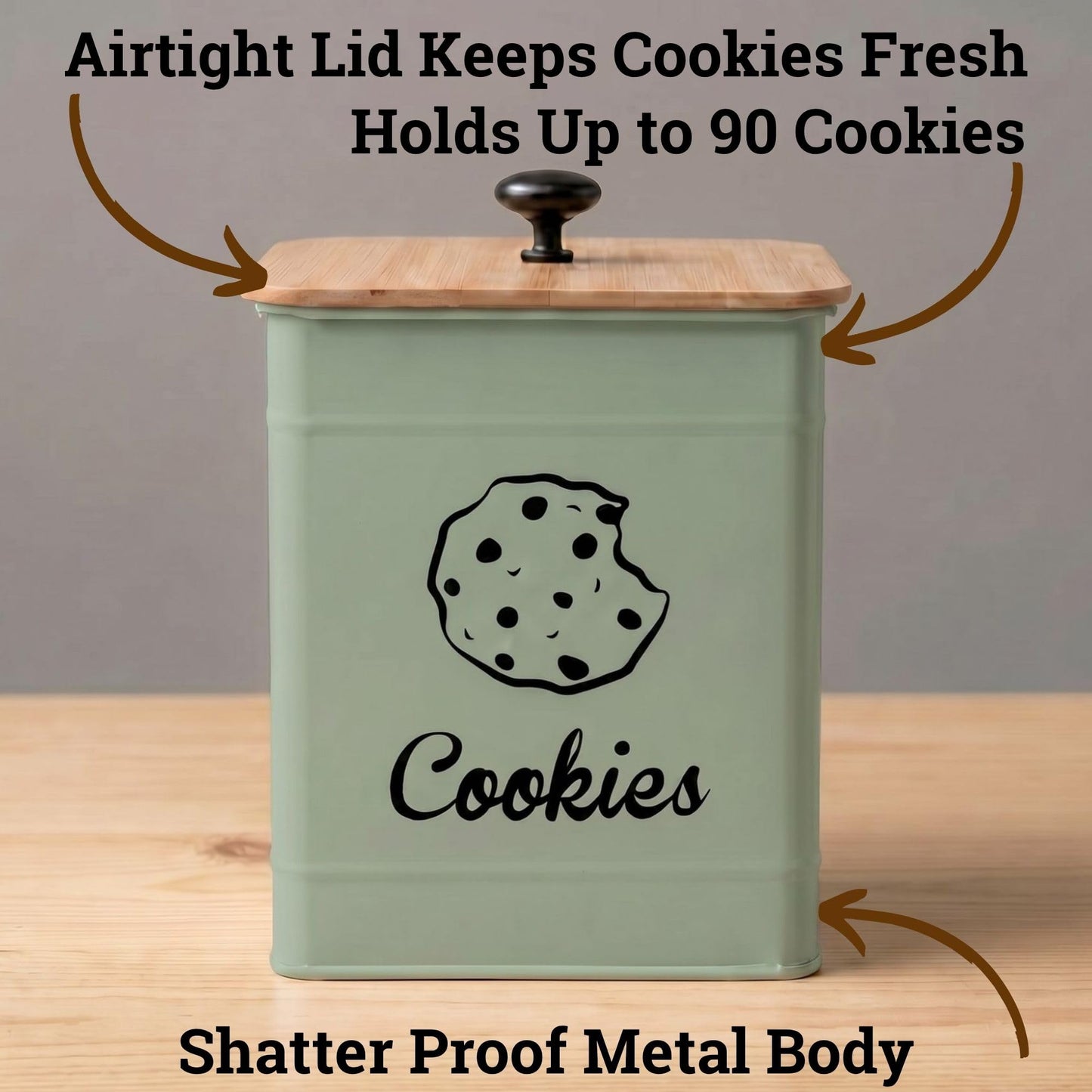 Cookie Jar with Airtight Lid - 1 Gallon - 6"D x 8"H Green Iron Cookie Tin with Bamboo Lid - Large Cookie Jars with Lids Airtight - Farmhouse Cookie Jars for Kitchen Counter Decorative - Cookies Jar