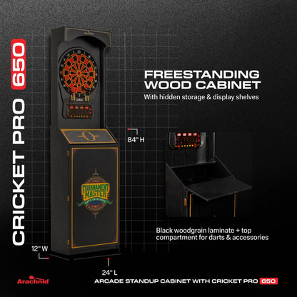 Arachnid Cricket Pro 650 Standing Electronic Dartboard with 24 Games, 132 Variations, and 6 Soft-Tip Darts Included, Brown,E650FS-BK3
