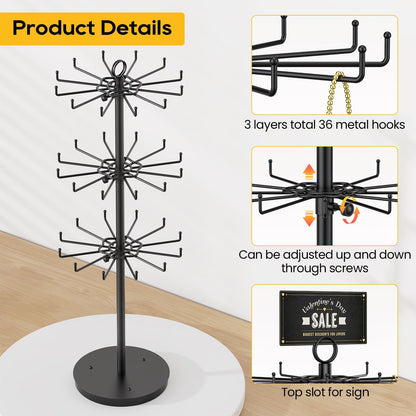 ORLESS 3 Tier Rotating Jewelry Display Stand, Keychain Display Stand with 36 Hooks, Black Metal Retail Display Spinning Holder for Vendor, Spinning Display Rack for Necklace Bracelet Earring Organizer
