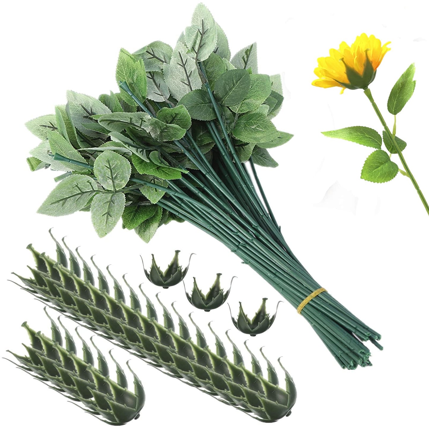 YOKOKE 30Pcs Floral Wire Stem with Leaves and 30Pcs Artificial Flower Calyxes Set Plastic Rose Floral Wire DIY Craft Bouquet Plastic Flower Sepals Making Floral Arrangement Tools