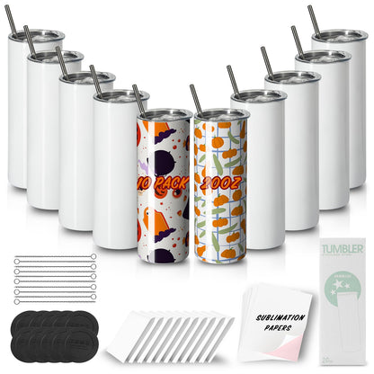 MURRICON Sublimation Tumblers 20 oz Skinny Straight,Stainless Steel Sublimation Blanks Skinny Tumbler,Double Wall Vacuum Insulated Tumblers,with lid and straw,10 Pack