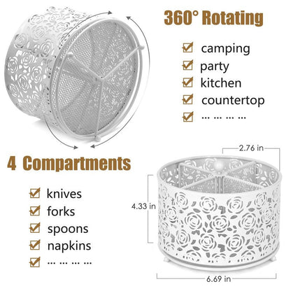 DysanVica 360° Rotating Metal Silverware Caddy - 4 Compartment Utensil Cutlery Holder Fork Spoon Napkin Organizer Flatware Storage Basket Party Countertop Buffet Picnic Camping Outdoor (White)