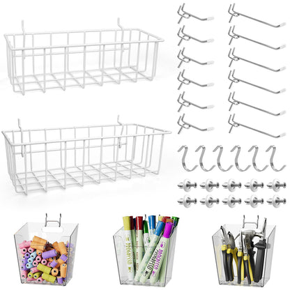 Pegboard Hooks Organizers - Peg Board Baskets Clear Cups Multiple Hangers 33 Pack - Display Shelving Tool Organizer Set for Craft Room Office Stadio Workroom Garage Storage Organization (White)
