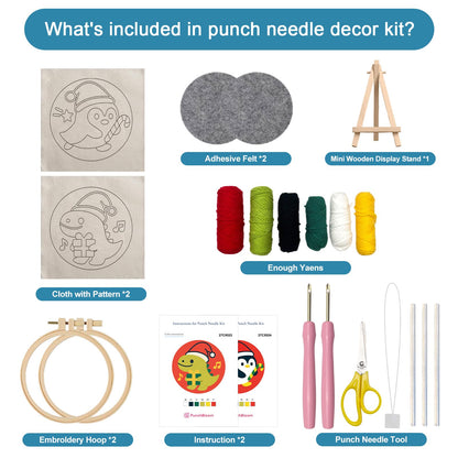 Christmas Punch Needle Kit for Adult Beginner, Easy Punch Embroidery Starter Set with Instruction, Fun DIY Needle Point Craft for Home Decor & Holiday Gift Idea(2pcs Dino & Penguin)