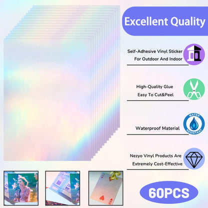60 Sheets Holographic Laminate Sheets Clear Glitter A4 Size Vinyl Sticker Paper Holographic Overlay Self Adhesive Waterproof Transparent Film, 11.7 x 8.3 Inch (Rainbow)
