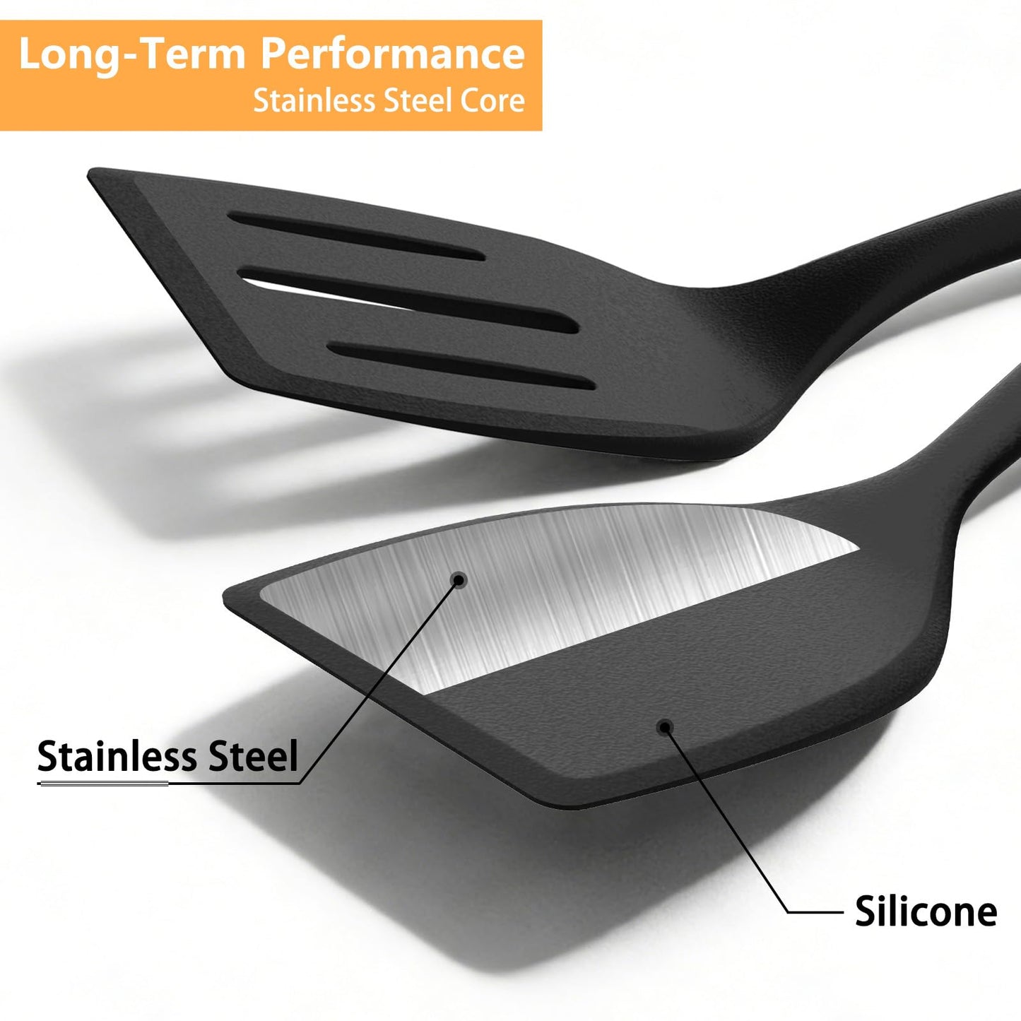 KoudHug Silicone Spatula Turner Set, 600°F High Heat Resistant Spatulas for Cooking, BPA Free, Large Flexible Kitchen Utensils Flipping Eggs, Pancakes, Fish, Burgers, Dishwasher Safe (4 Pack, Black)