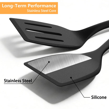 KoudHug Silicone Spatula Turner Set, 600°F High Heat Resistant Spatulas for Cooking, BPA Free, Large Flexible Kitchen Utensils Flipping Eggs, Pancakes, Fish, Burgers, Dishwasher Safe (4 Pack, Black)