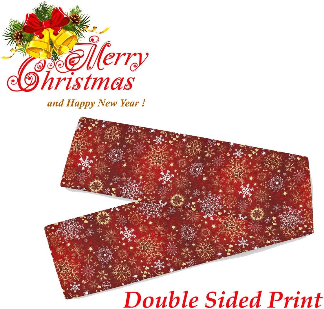 Christmas Winter Snowflake Table Runner, 13x90 Inches Double Sided, Luxurious Gold Red for Kitchen Dining Decor